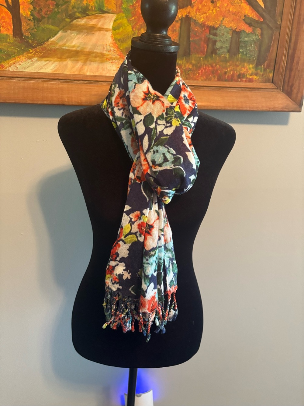 Lands' End Navy Floral Fringe Scarf with Orange, Teal & Cream Blooms - Picture 3 of 5